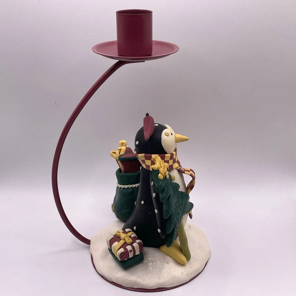 Decorative Winter‎ Penguin Figurine And Candle Stick Holder Polymer Clay
